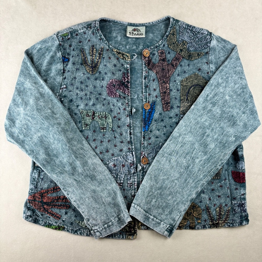 VTG Produce Studio Jacket Wmn S/M Patchwork Kimono Blue Distressed Boho Cardigan